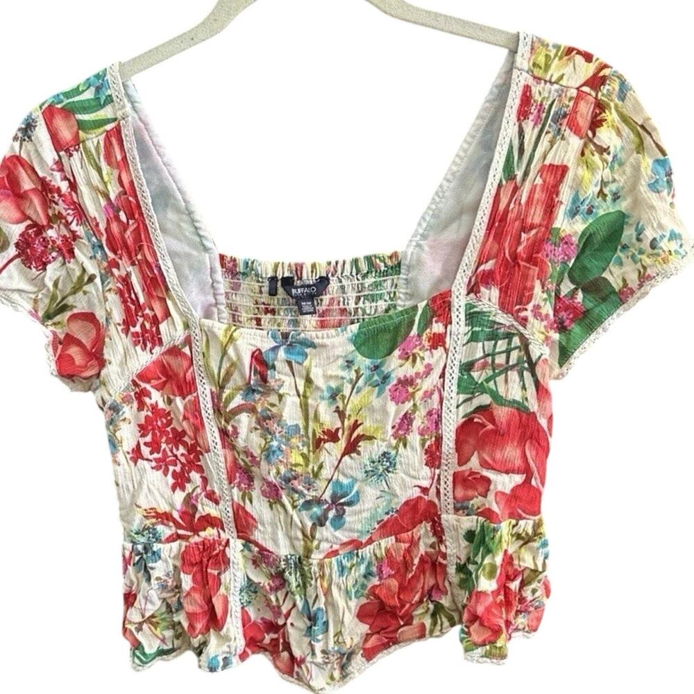 Buffalo by Davidβ Bitton Women's Crop Top Blouse Multicolor Tropical Lace M